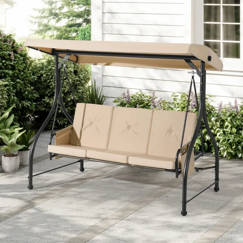 Economico Dondolo Letto Altalena XL a 3 Posti Beige Tetto Parasole Regolabile da Giardino
