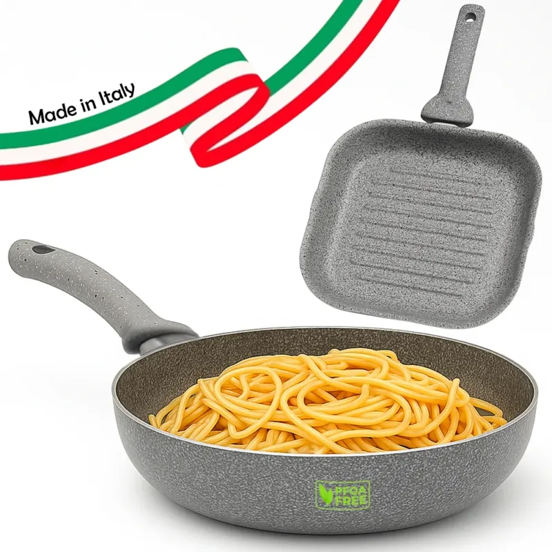 Nuova Collezione Set Padella 32cm e Bistecchiera 24x24cm Rivestimento Antiaderente Effetto Pietra
