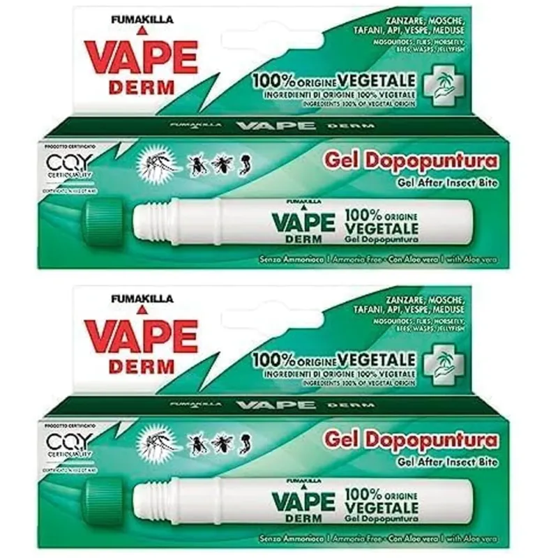 2 x Vape Derm Penna Gel Dopopuntura Zanzare Ingredienti Vegetali Lenitivo 1x10ml Subito Disponibile