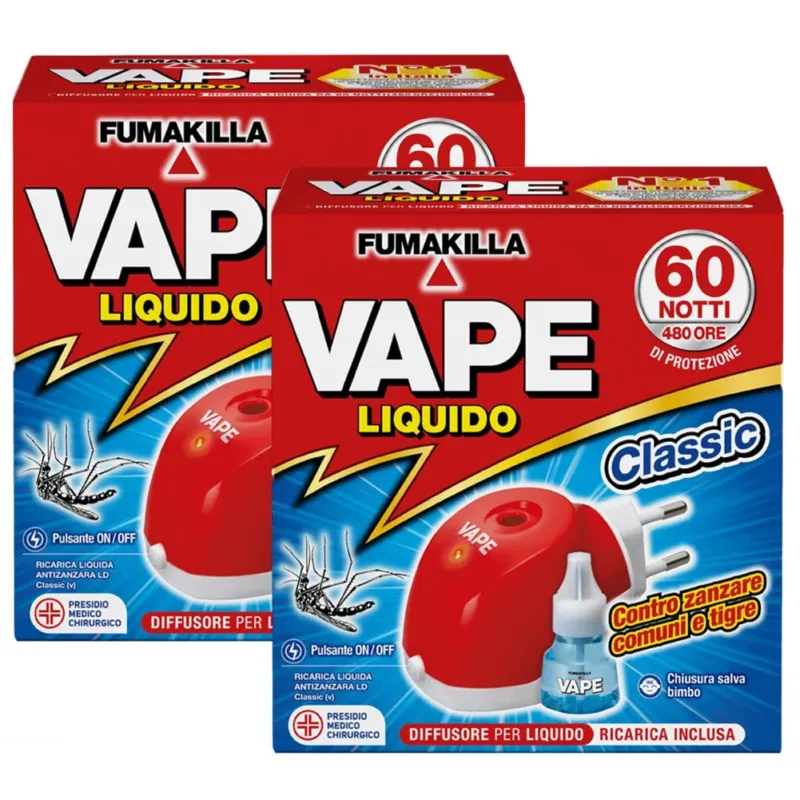 Set 2 Vape Zanzare Diffusore Elettrico Classic Ricarica Liquida 1x30ml 60 Notti Prezzo Di Fabbrica