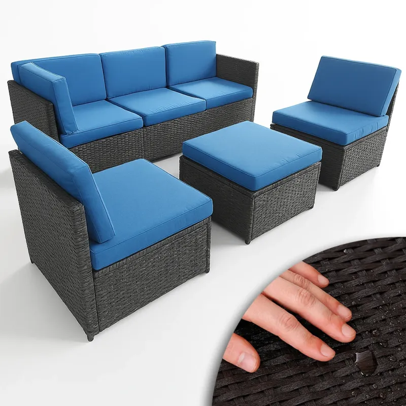 Promo Stagionale Set 4 Pezzi Salotto per Esterni Giardino in Polyrattan Anti UV con Cuscini Blu