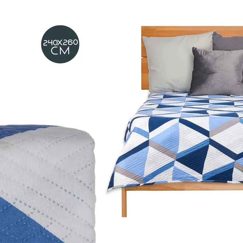 Offerta Trapuntino Letto Matrimoniale 240x260 cm Reversibile Bianco Azzurro Moderno