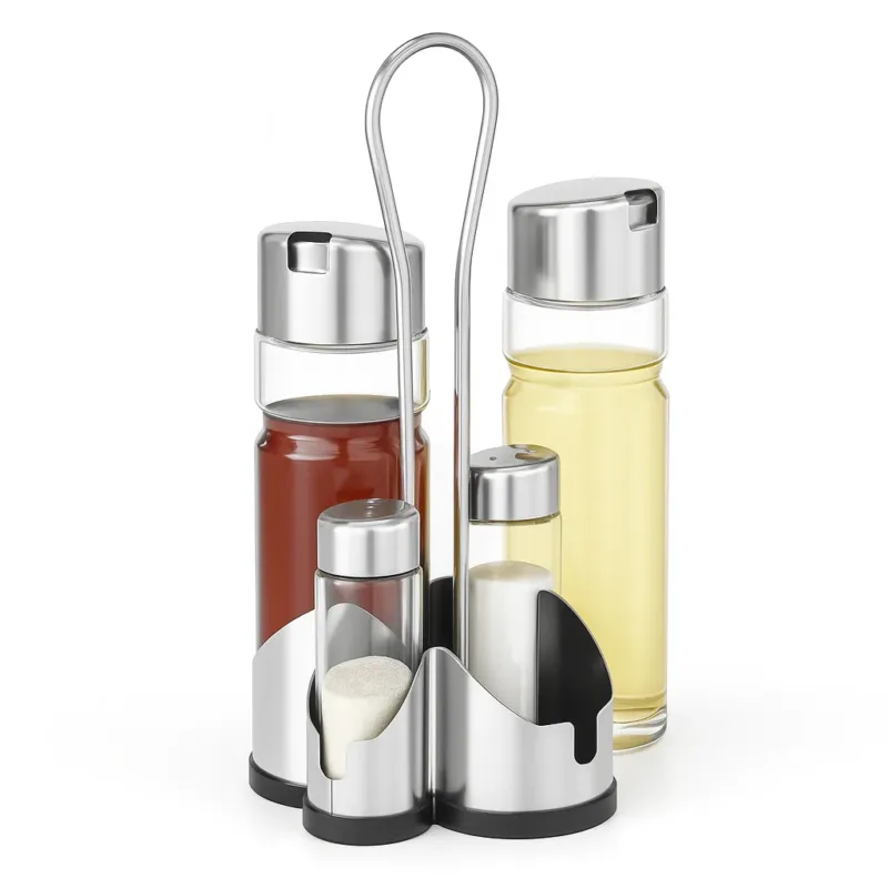 Compra Online Oliera Acciaio e Vetro 4 pezzi Cucina Porta Olio Aceto Sale Pepe con Supporto