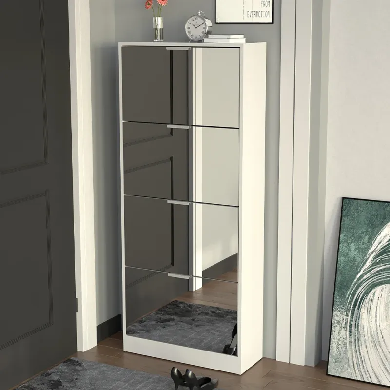 Scarpiera con 4 Ante a Specchio Ribaltabili Porta Scarpe Salvaspazio 63x24x150cm Nuovo Arrivo