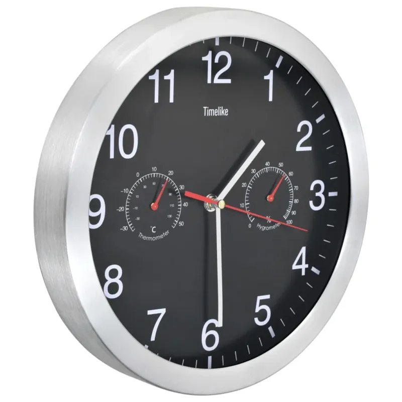 Orologio da Parete al Quarzo Igrometro e Termometro 30 cm Design Moderno Nero Spedizione Espresso