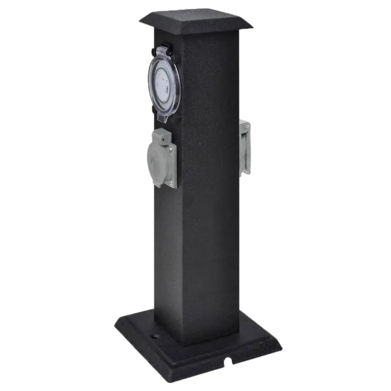 Subito Disponibile Presa Elettrica Giardino a Pilastro Design in Ferro Timer Maccanico 2 Prese Nera