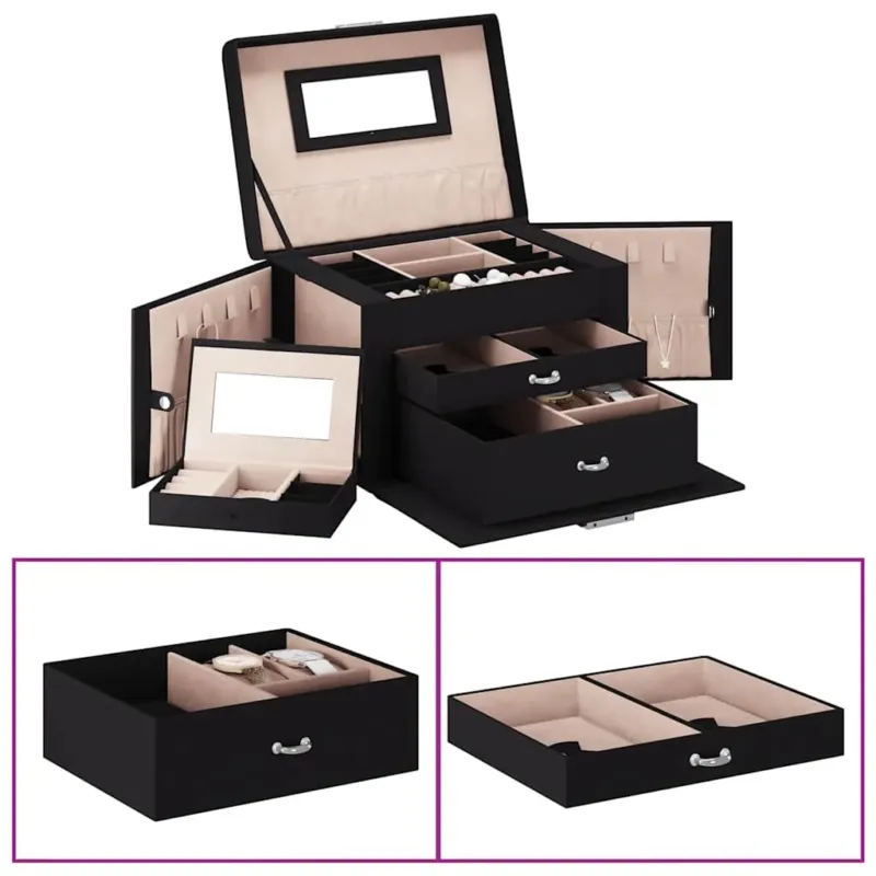 Portagioie a 3 Strati con Specchio Bloccabile Nero 26x18x17,5cm Esclusivo