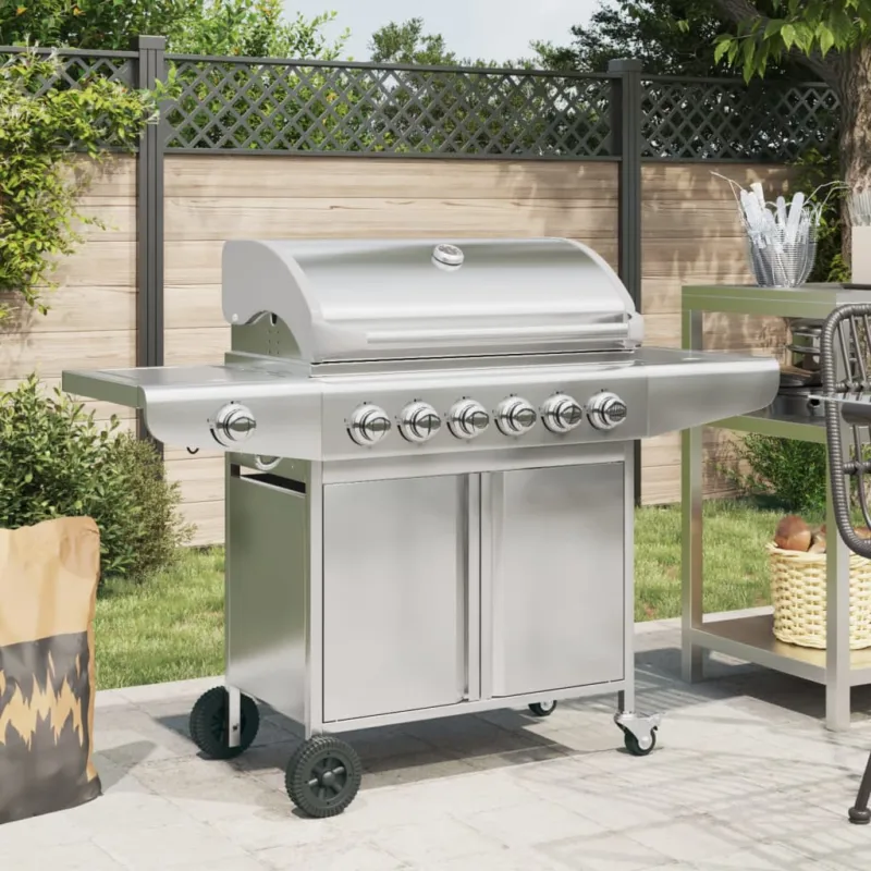 Acquista Ora Barbecue a Gas con 7 Bruciatori Griglia in Acciaio con Ruote Colore Argento