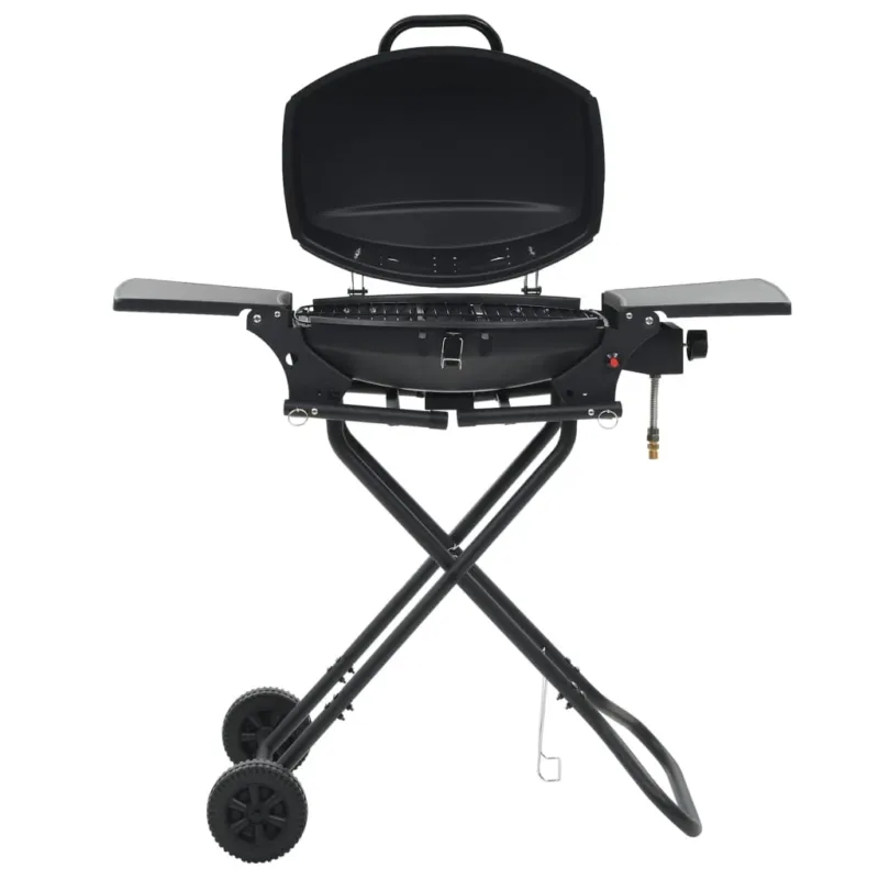 Professionale Barbecue e Griglia a Gas Portatile con Fornello Ripiani Laterali Pieghevoli Nero