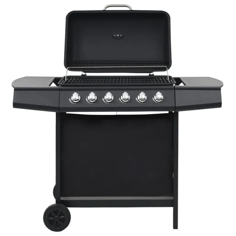 Barbecue a Gas 6 Fornelli Acciaio Griglia Nero Accensione Elettrica e Termometro Promo Stagionale
