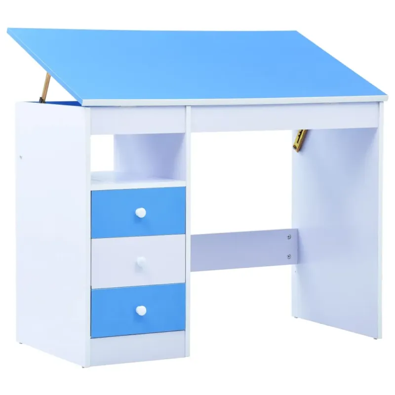 Scrivania da Disegno per Bambini in Legno con Piano Inclinabile Blu e Bianca Offerta Limitata