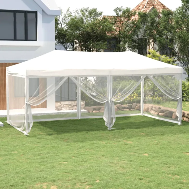 Tenda per Feste Bianca Tessuto Oxford Design Pieghevole con Pareti Laterali 3x6m Popolare