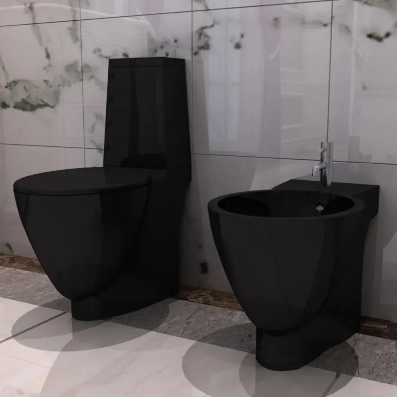Nuova Collezione Set Toilette e Bidè da Bagno in Ceramica Colore Nero Chiusura Delicata