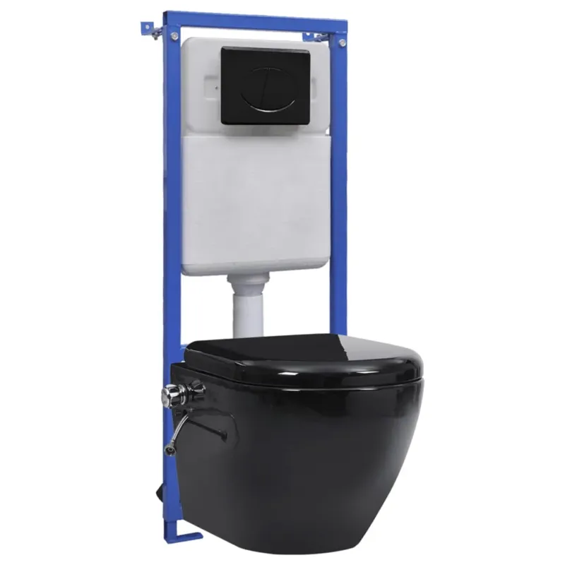 Toilette WC Bagno Senza Bordi Muro con Cassetta Scomparsa in Ceramica Nera Offerta Del Giorno