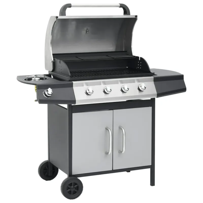 Di Tendenza Barbecue Griglia a Gas 4+1 Fornelli Nero Argento Acciaio Inossidabile e Inox
