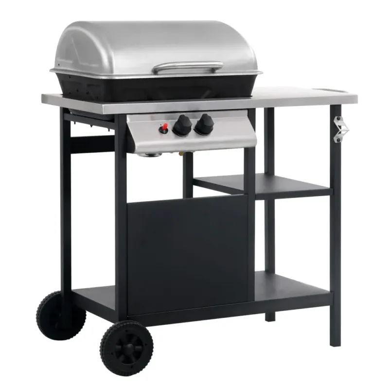 Barbecue e Griglia a Gas a con 3 Ripiani Tavolinetto in Acciaio Nero e Argento Più Venduto