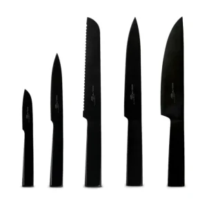 Set 5 coltelli forgiati in acciaio inox con logo monolite impresso nella lama, nero Non Perdere