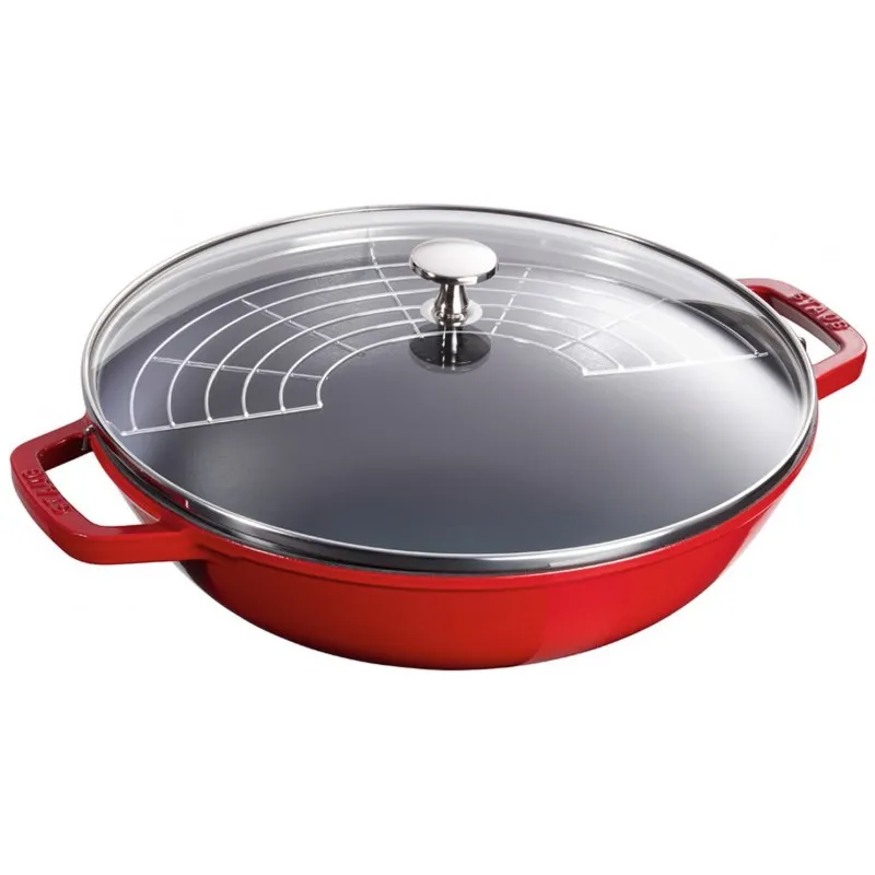 Staub Wok 30 cm con coperchio in vetro e griglia Rosso Ciliegio Solo Oggi