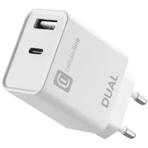 Cellularline Dual Charger - iPhone 8 or later Caricabatterie da rete con 2 porte USB e USB-C per la carica simultanea di due dispositivi Apple Bianco Ultime Pezzi