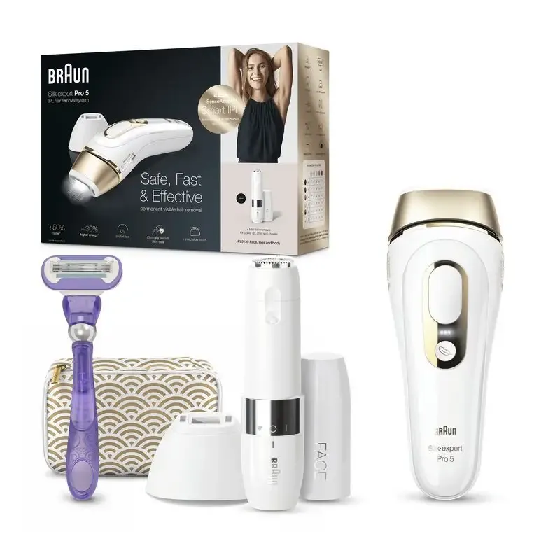 Braun Silk-expert Pro Pro 5 PL5139 Silk expert, Epilatore Luce Pulsata IPL, Sistema di Epilazione Permanente dei Peli Visibili per Donna, Bianco/Oro Spedizione Espresso