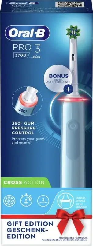 Oral-B Pro 3 Spazzolino Elettrico Ricaricabile - 3700 Blu, 1 Spazzolino Con Sensore Di Pressione Dello Spazzolamento Visibile, 2 Testine Di Ricambio Economico