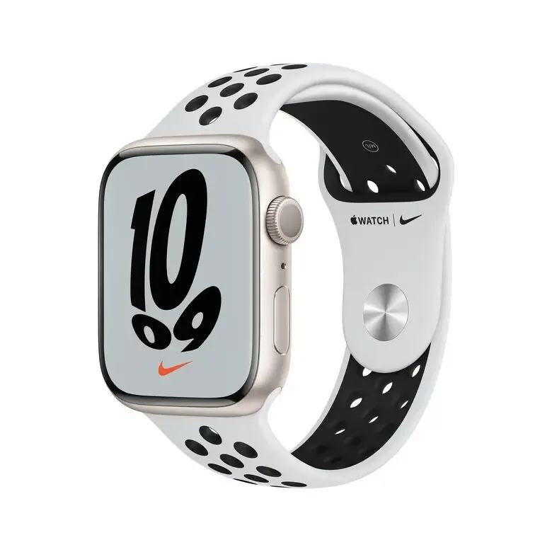 Popolare Apple Watch Nike Series 7 GPS, 45mm Cassa in Alluminio Galassia con Cinturino Sport Platino Puro/Nero