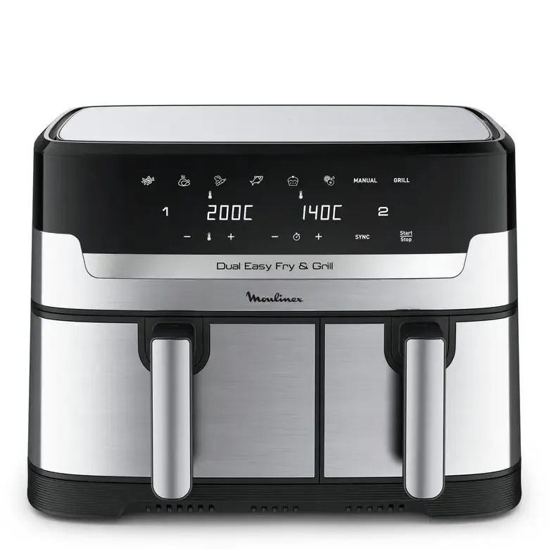 Di Tendenza Moulinex Dual Easy Fry EZ905D20 friggitrice Doppia 8,3 L Indipendente 2450 W Friggitrice ad aria calda Nero, Acciaio inox