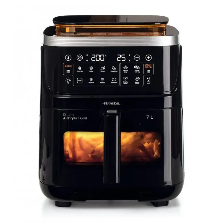 Ariete 4636 Friggitrice ad aria con funzione vapore+ Grill, 1700W, Funzione essiccazione, 10 funzioni di cottura, Cestello trasparente, Timer, Luce interna, Nero Pagamento Sicuro