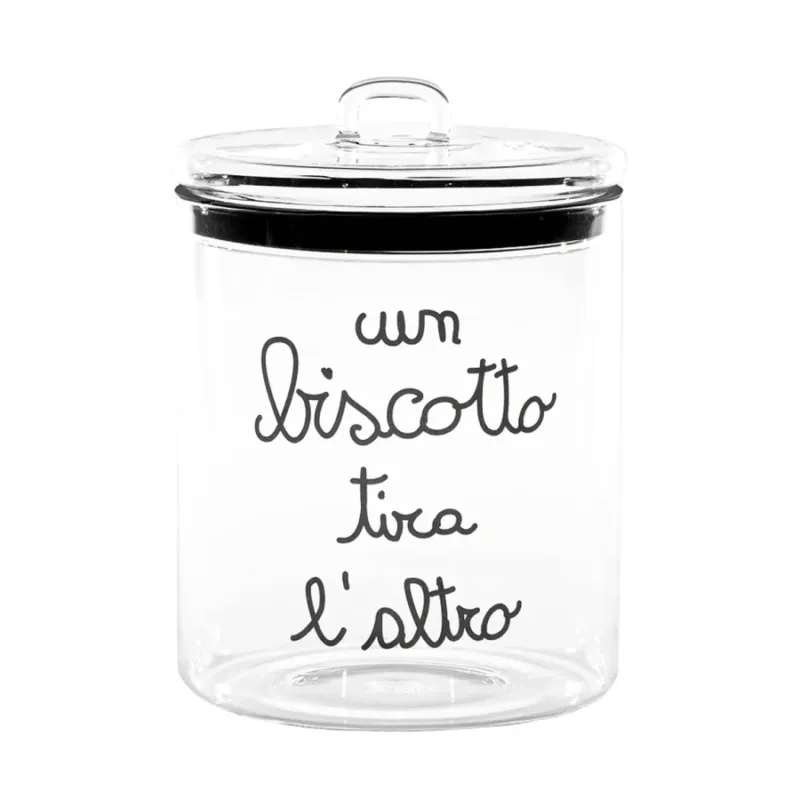 Di Tendenza SIMPLE DAY Biscottiera in vetro borosilicato “Un biscotto tira l’altro” scritta nera – ⌀ 15 x h 22 cm
