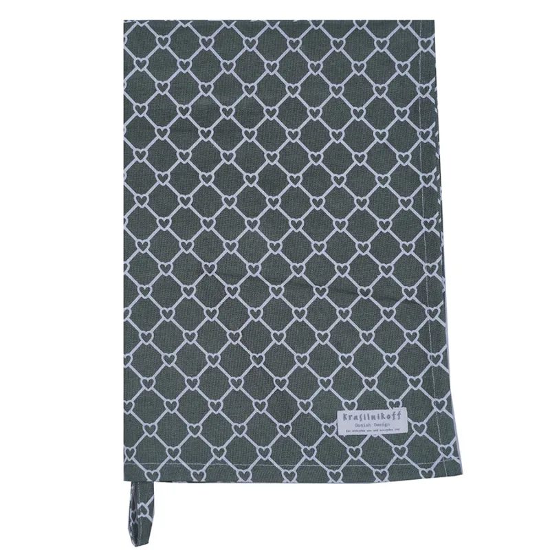 KRASILNIKOFF Strofinaccio in cotone “Diagonal Hearts” verde oliva – 50 x 70 cm Ultime Pezzi