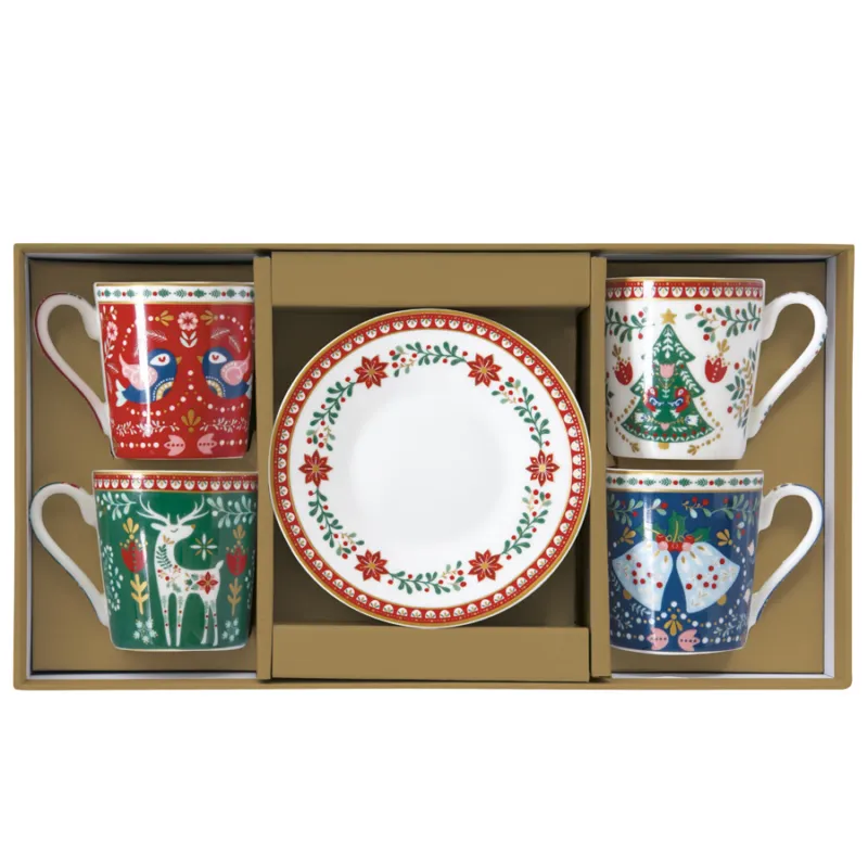 EASY LIFE Set 4 tazzine caffè con piattini in porcellana “Christmas Folk” – 100 ml Occasione Imperdibile