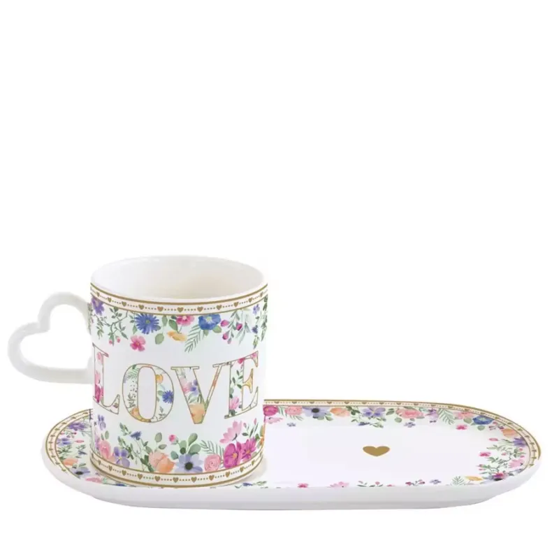 EASY LIFE Mug in porcellana manico a cuore con piattino “Mon Amour” – 23 x h 12 cm Pagamento Sicuro